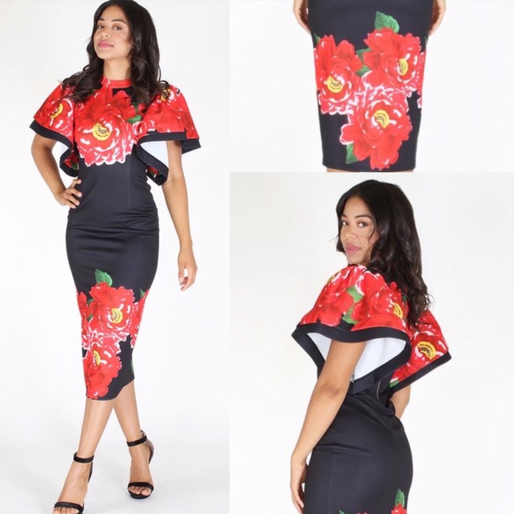 Big bell sleeves red and black Floral Midi Dress