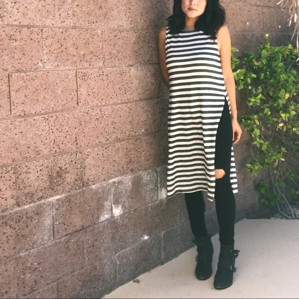 Striped Double Slit French Terry Long Tank