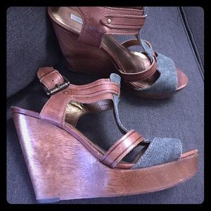 Cynthia Vincent denim and leather wedge sandals