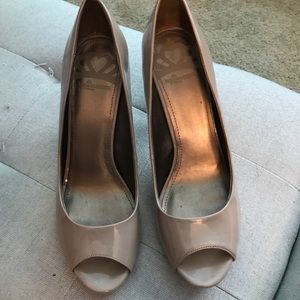Nude patent peep toe pumps. Size 9.5