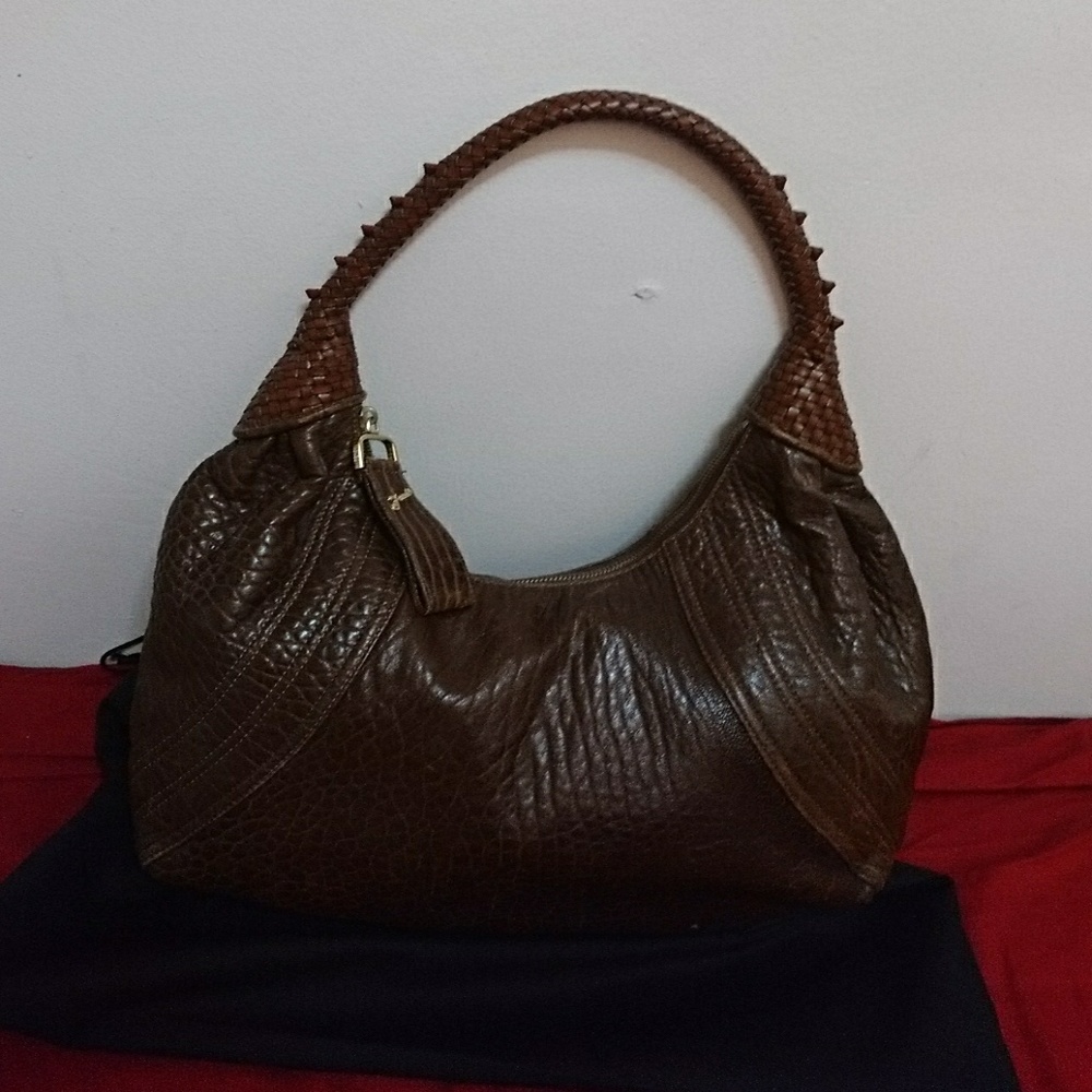 Auth. FENDI Spy nappa leather hobo bag in brown.