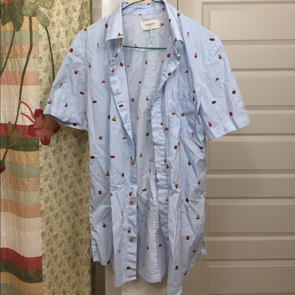 Blue & white strip with snack print button up