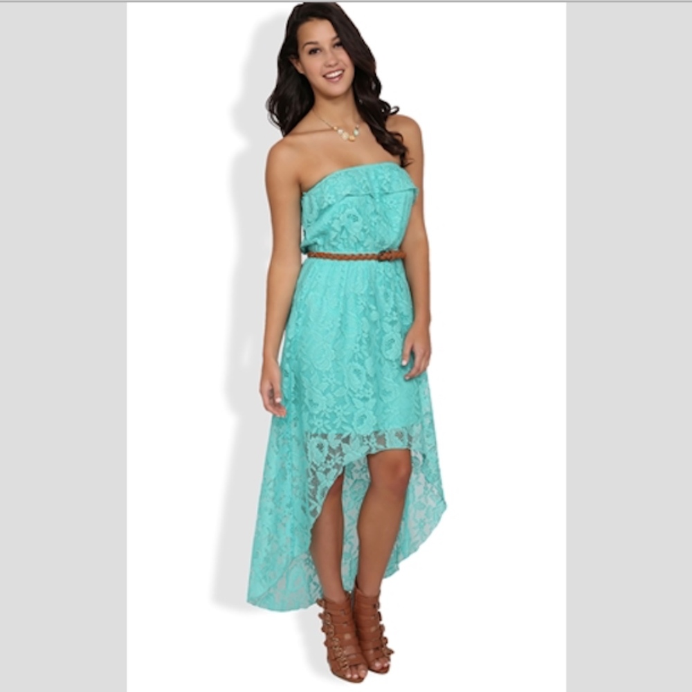 Trixxi Mint Lace Strapless High-Low Dress
