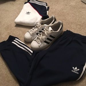 retro adidas track jacket and pants and shoes