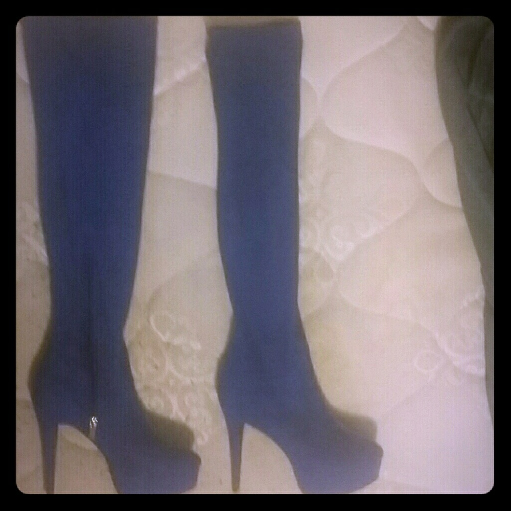 Thigh high velvety plush platform boots. 5.5" heel