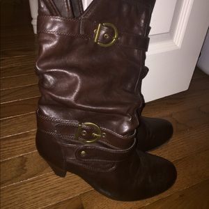 Dark brown heeled buckle boots