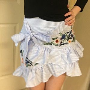 Striped Ruffle Skirt With Embroidered Flowers
