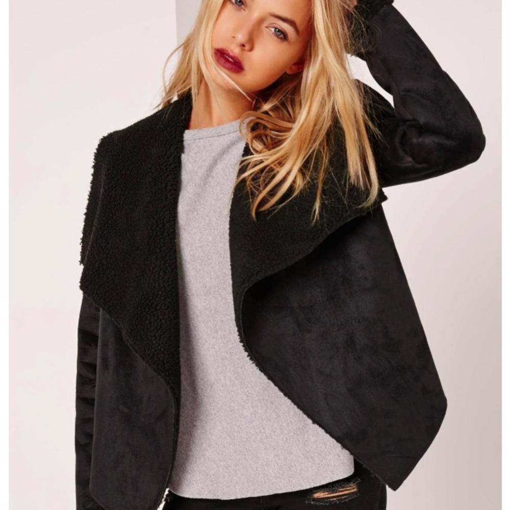 Missguided faux shearling waterfall black coat