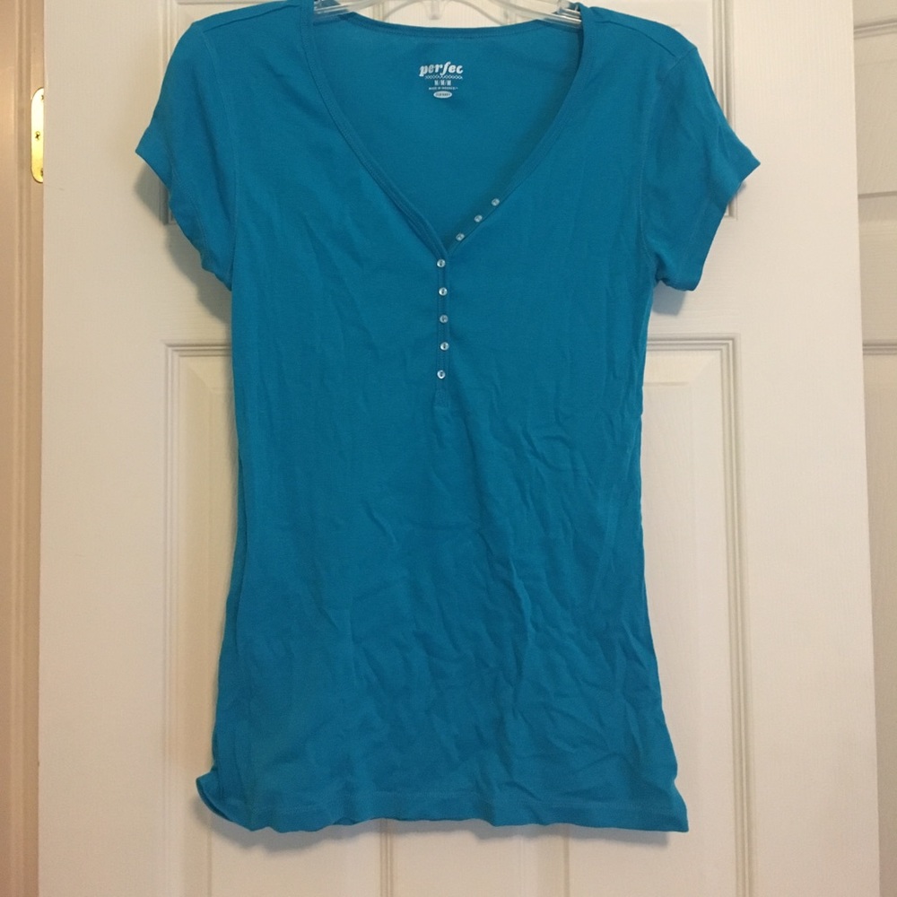 Old Navy Turquoise Short Sleeved Button Top