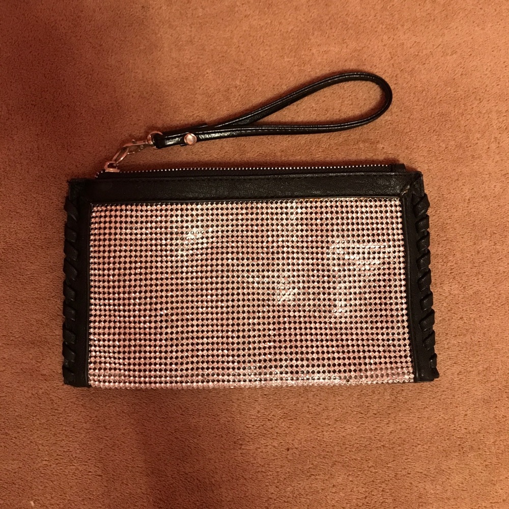 Embellished/Studded Black Clutch with Wrist-Strap