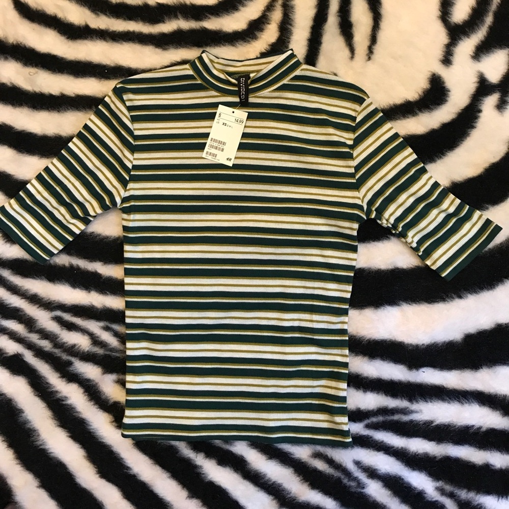 Striped mock neck shirt with 3/4 length sleeves
