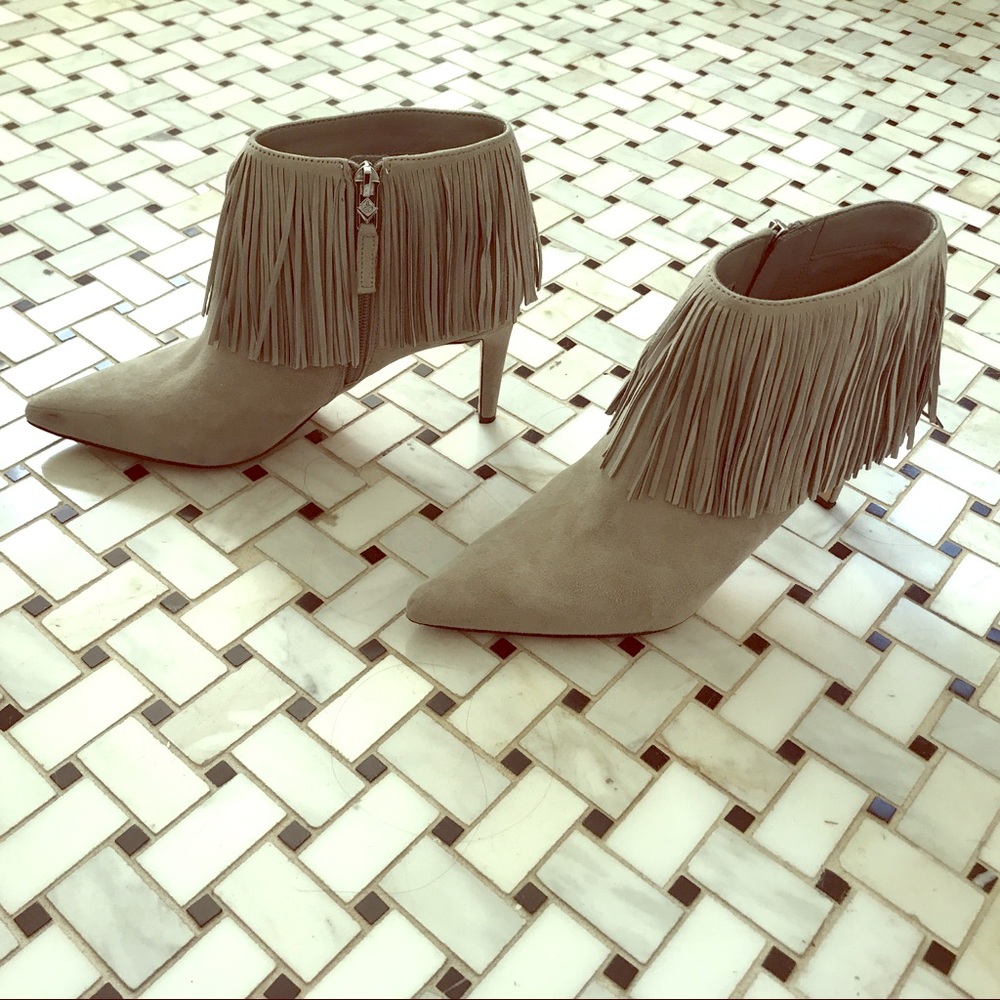 Grey suede fringe pointy booties