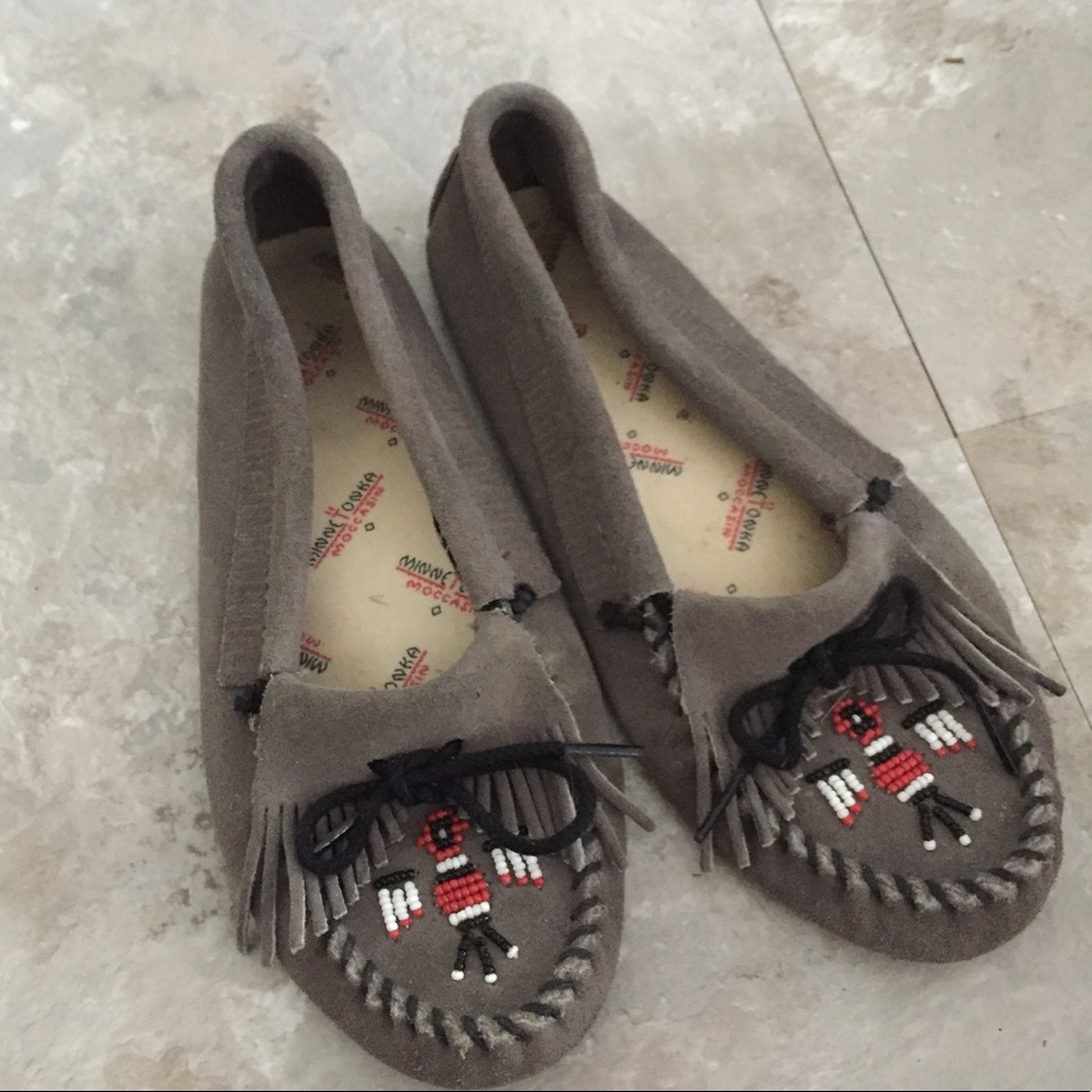 Gray Minnetonka moccasins