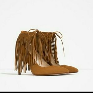New Zara Suede Fringe Tie Heels Size 40