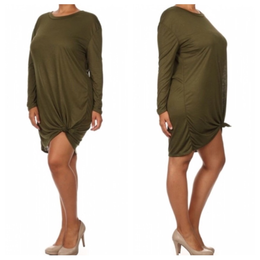 Plus💋olive loose fit mini dress with tie point