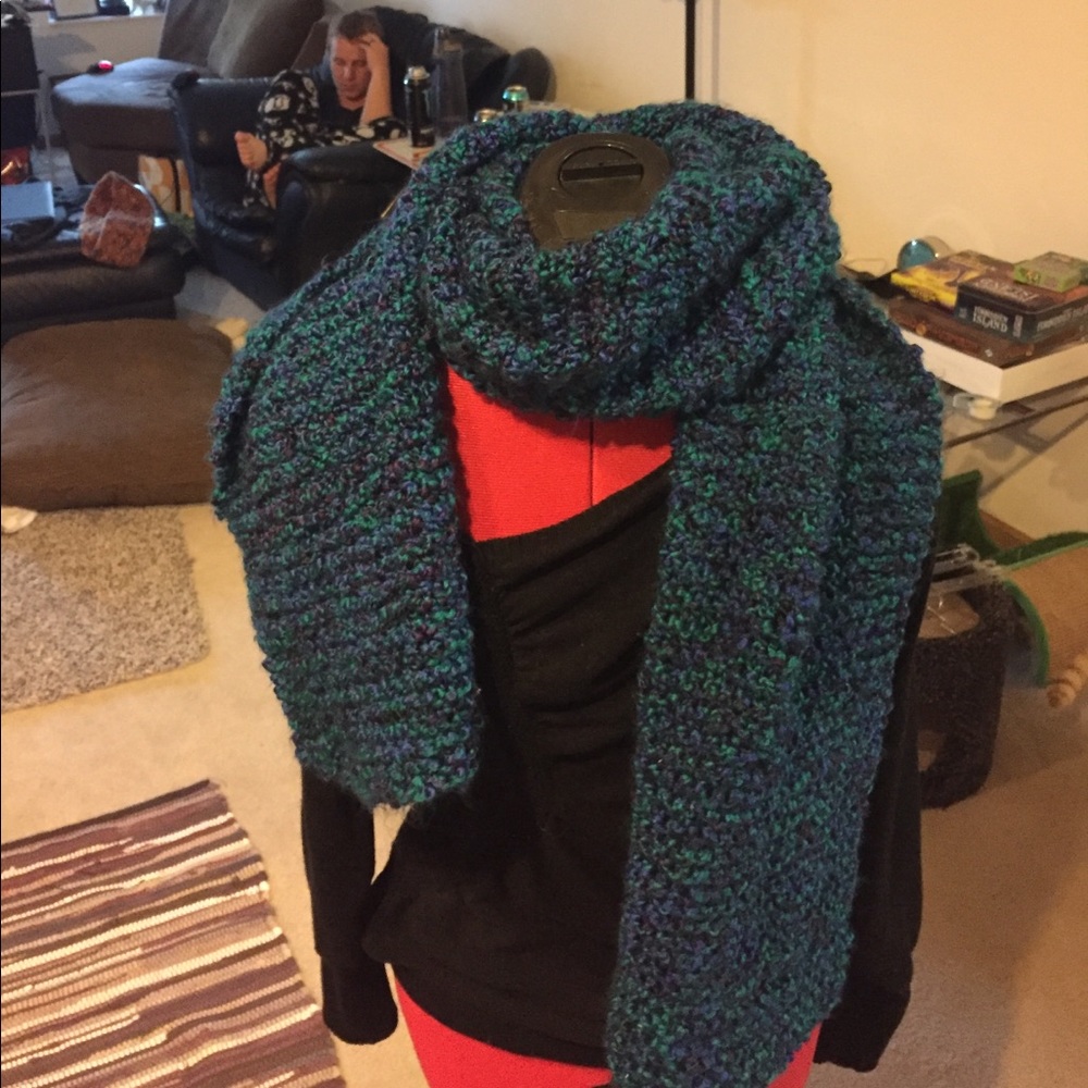 Hand knit (actually purled) acrylic scarf.