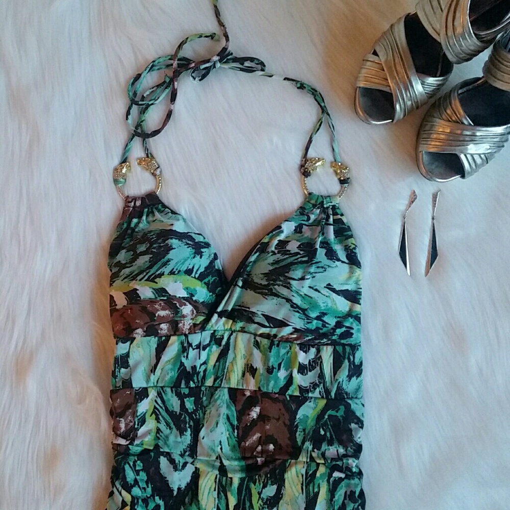 XOXO Rhinestone Leopard Jewel Halter Jungle Dress