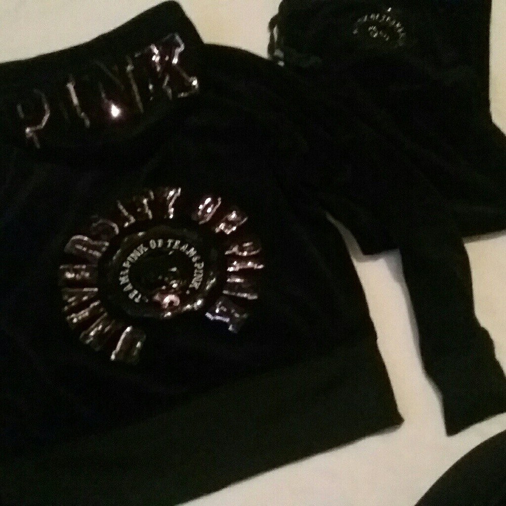 💎PINK VS blinged out black velour track suit💎