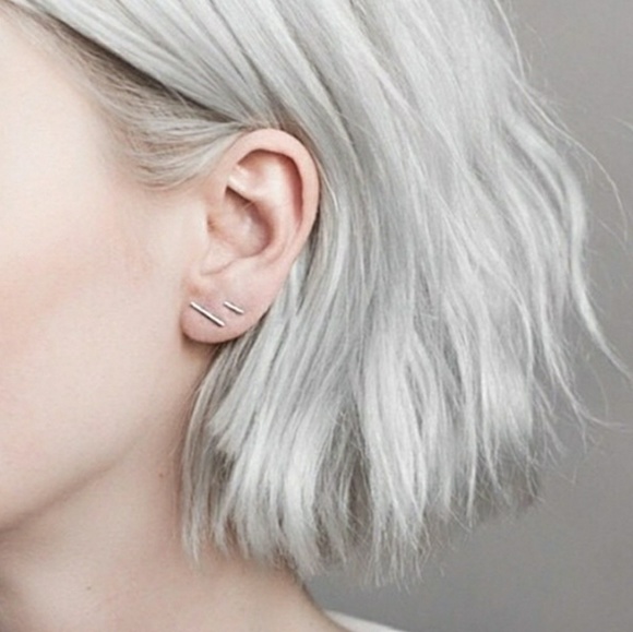 SHORT Brushed Sterling Silver Bar Earrings - Picture 2 of 5