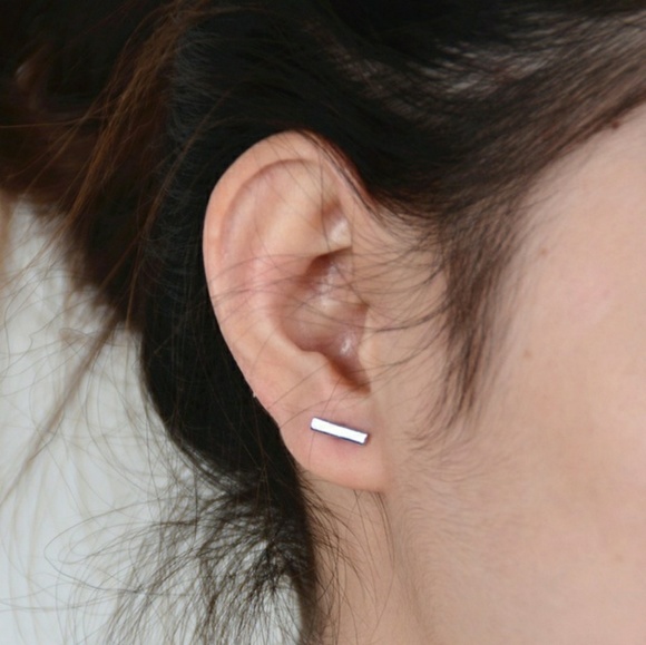 SHORT Brushed Sterling Silver Bar Earrings - Picture 3 of 5