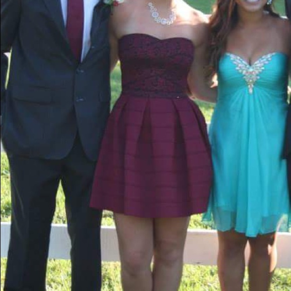 Maroon strapless homecoming dress