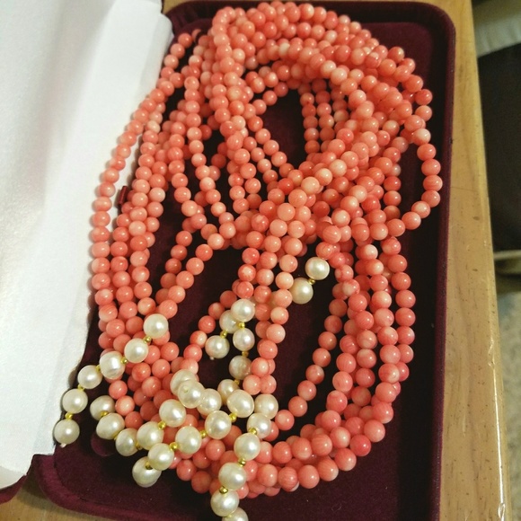 SALMON PINK ANGEL SKIN CORAL 3 STRANDS & PEARLS - Picture 2 of 6
