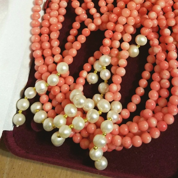 SALMON PINK ANGEL SKIN CORAL 3 STRANDS & PEARLS - Picture 4 of 6