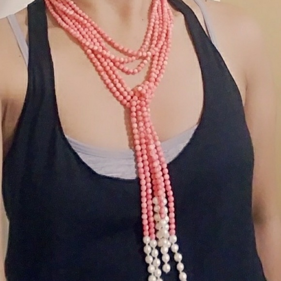 SALMON PINK ANGEL SKIN CORAL 3 STRANDS & PEARLS - Picture 5 of 6