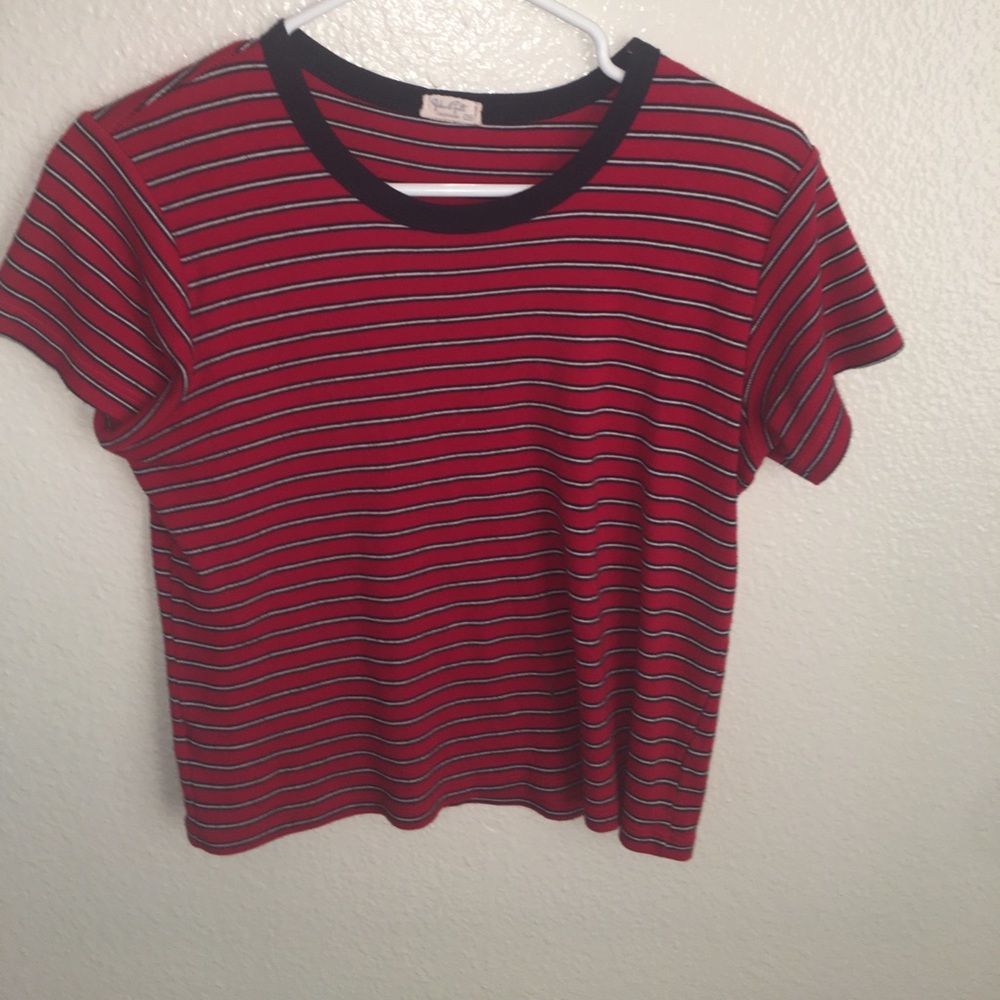 Brandy Mellviille red white and navy striped shirt
