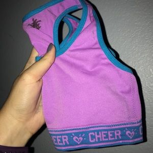 JUSTICE girls purple and blue "cheer" sports bra