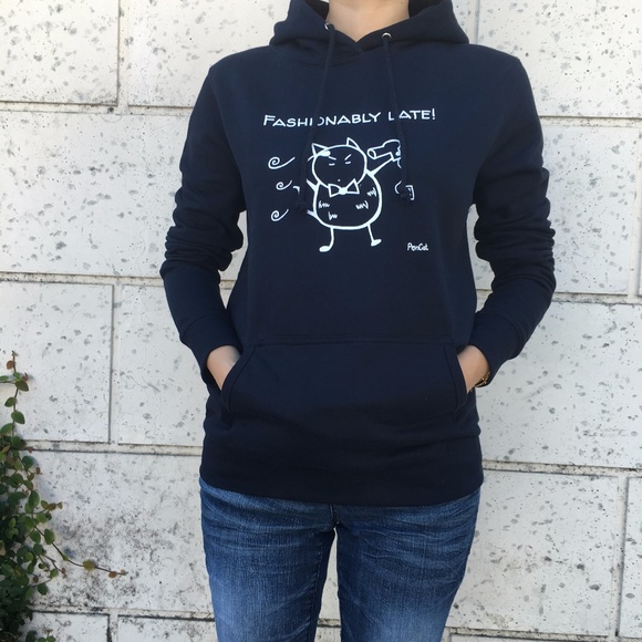 "Fashionably Late" PonCat Hoodie! (French Navy) - Picture 3 of 6