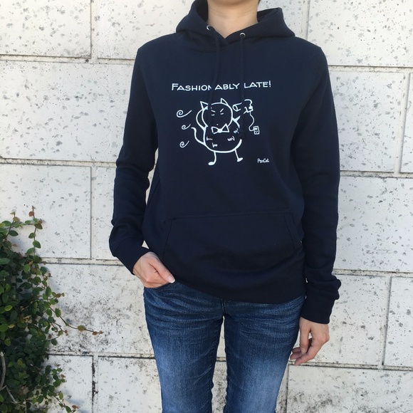 "Fashionably Late" PonCat Hoodie! (French Navy) - Picture 2 of 6