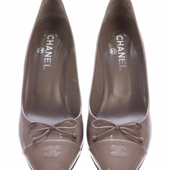 CHANEL PATENT LEATHER CAP-TOE PUMPS - Picture 1 of 5