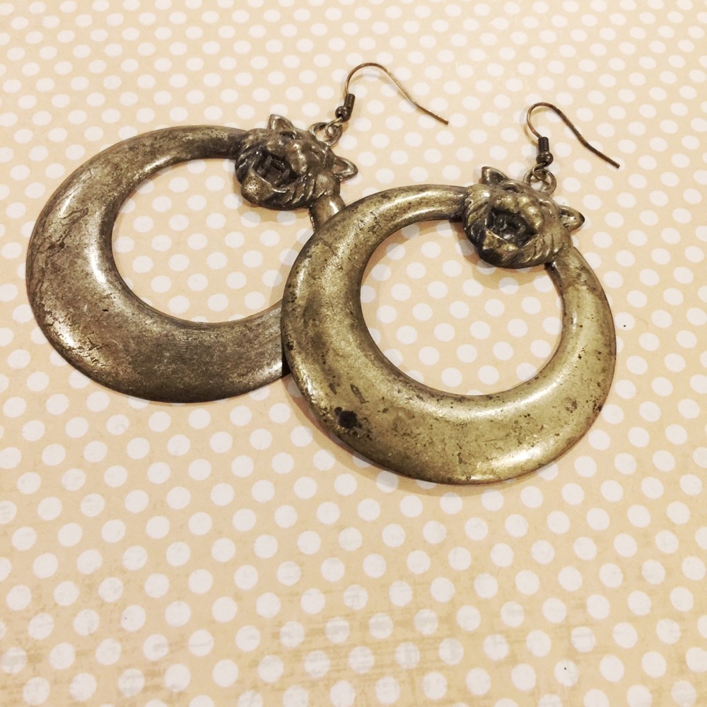 Large distressed brass tiger head earrings
