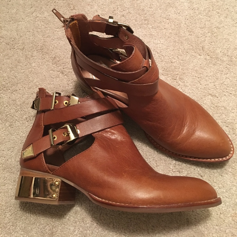 Jeffrey Campbell cognac & gold buckle booties