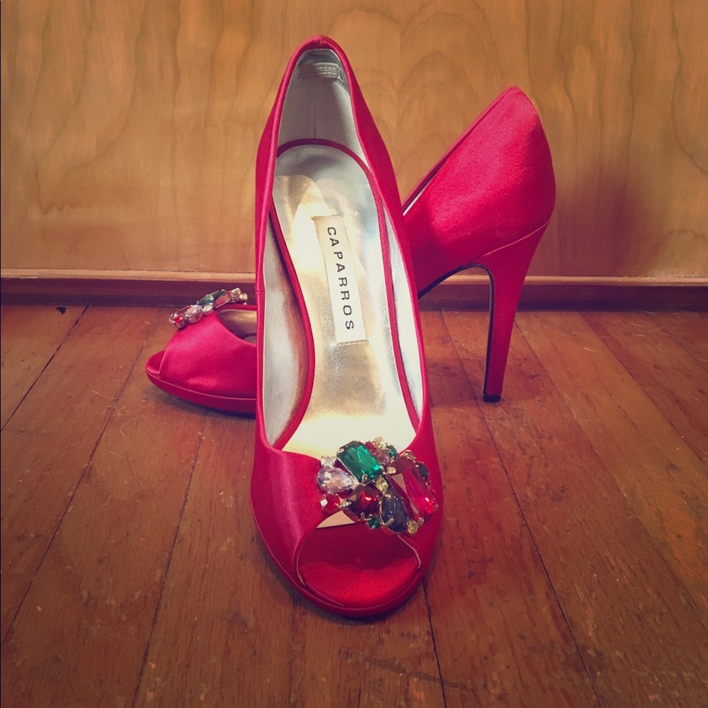 Red Satin Caparros Peep Toe Pumps with jewels
