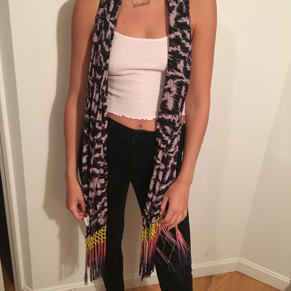 Purple and black scarf with fringe