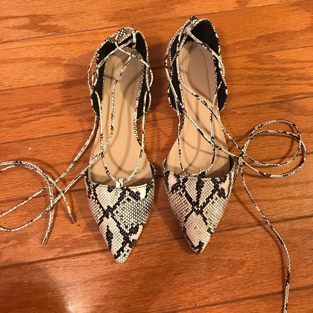 Asos snakeskin ankle wrap flats