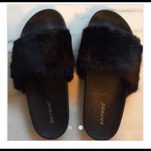 Black "Luxe" fur slides
