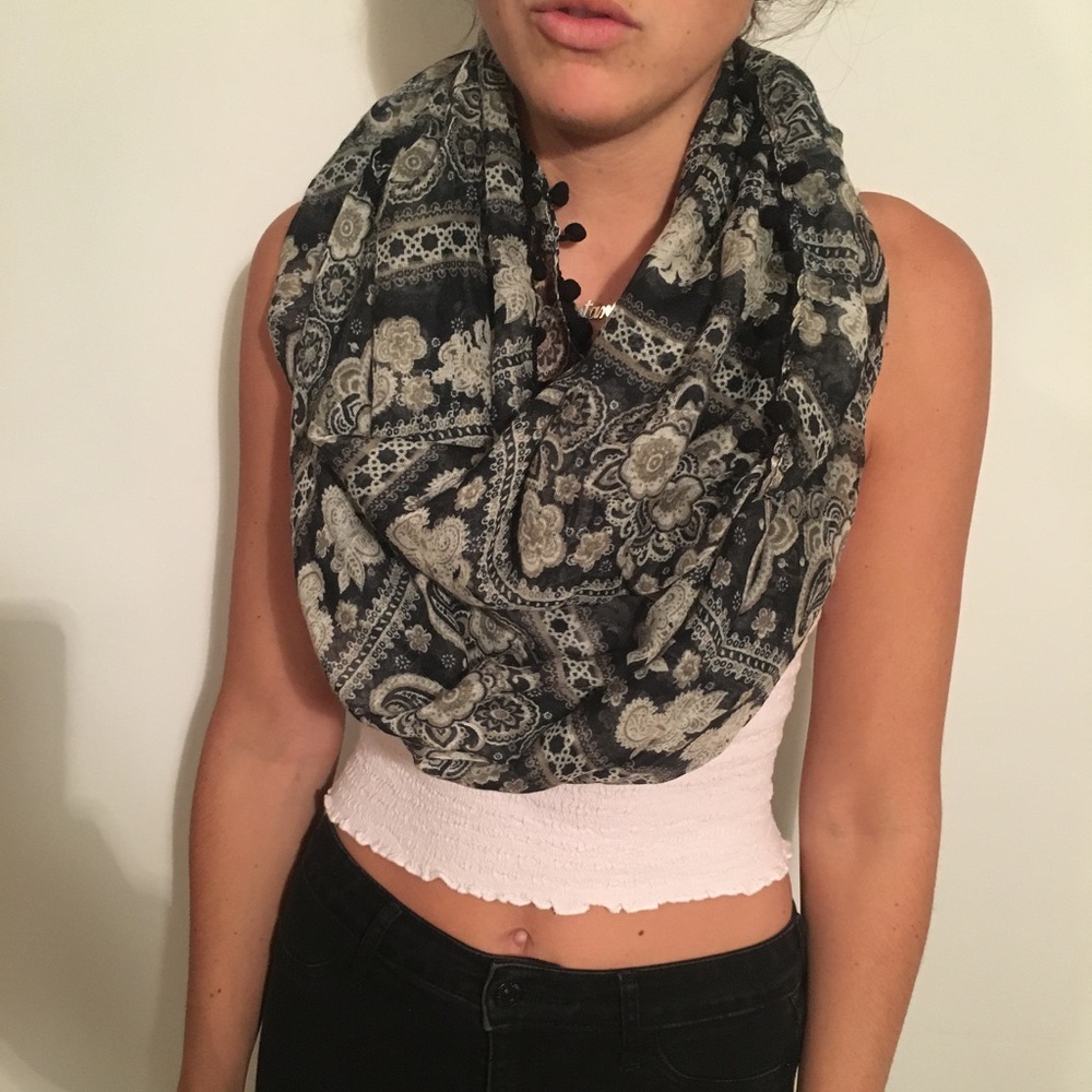 Back and grey floral mandala infinity scarf