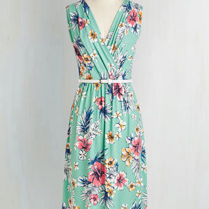 Teal Tropical Floral V-Neck Dress Size S