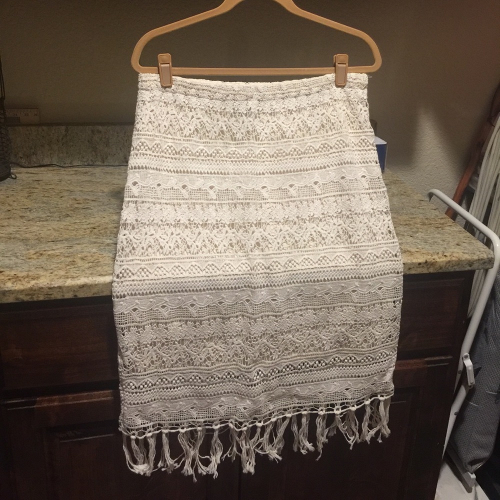 Cream-Colored Lace Skirt with Fringe Bottom