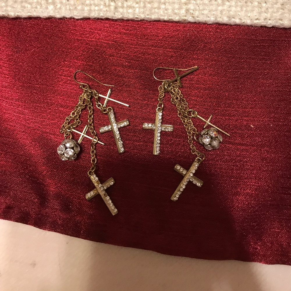 Gold Rhinestone Cross Earrings