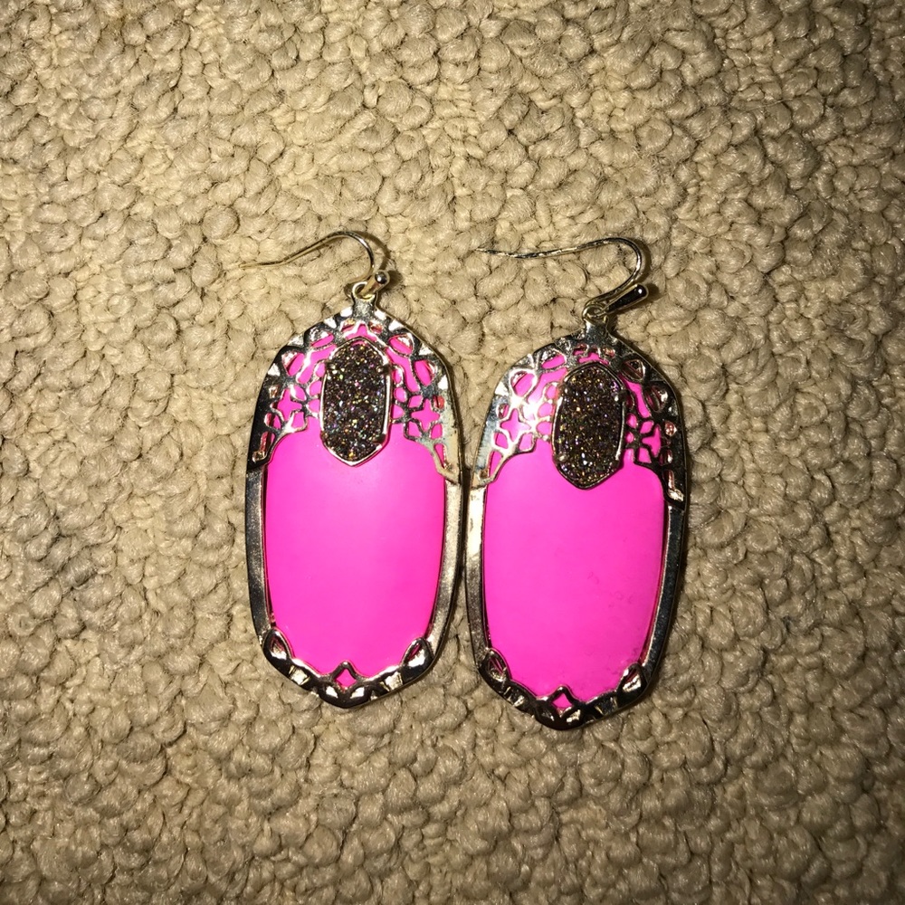 gold caged pink stone kendra earrings w/ drusy