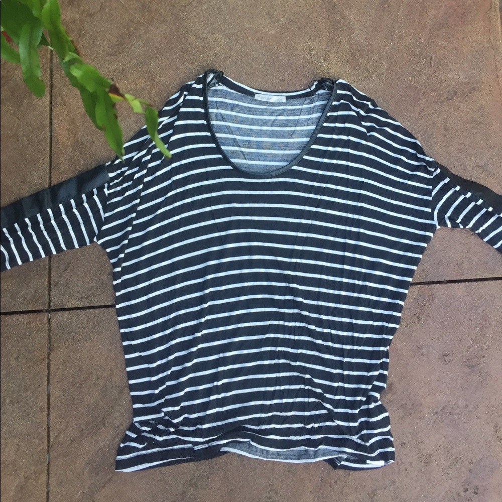 Zara striped 3 quarter sleeve top with leather