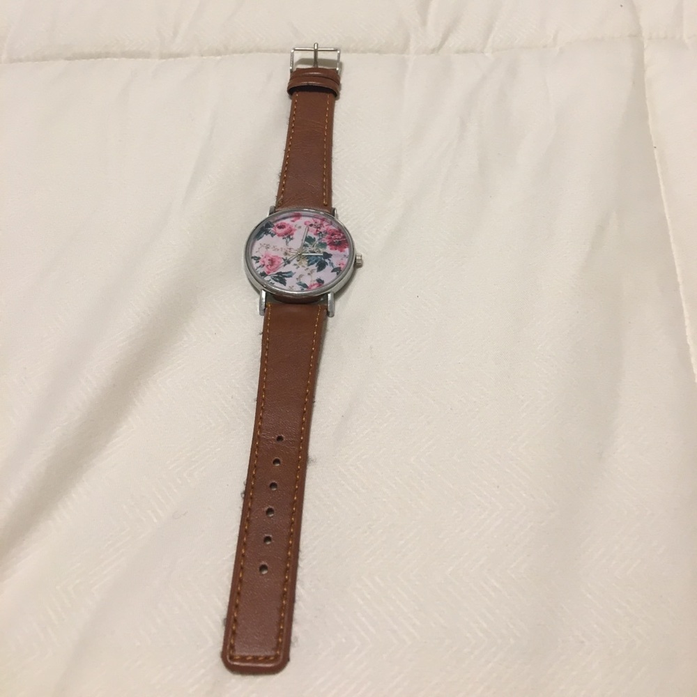 Brown Pleather Floral Patterned Watch