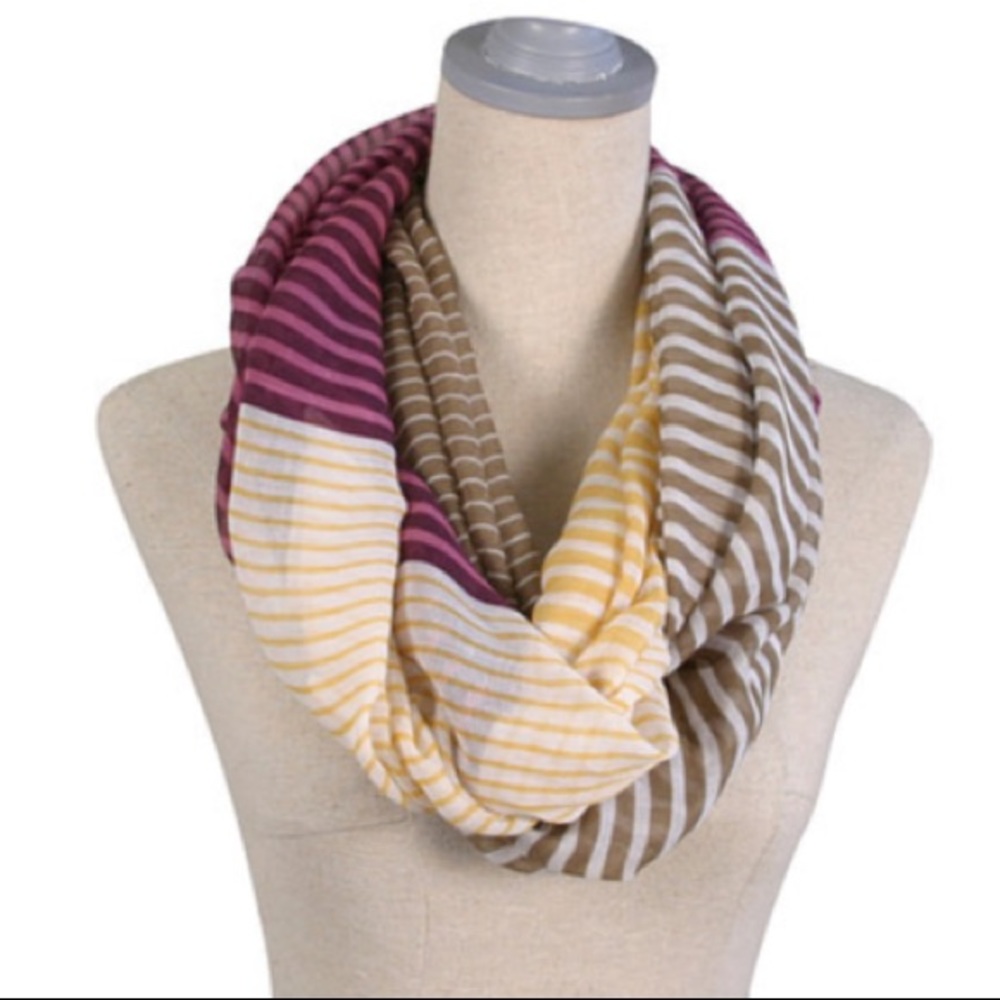 Stripe Infiniti Scarf / Burgundy, yellow, and tan