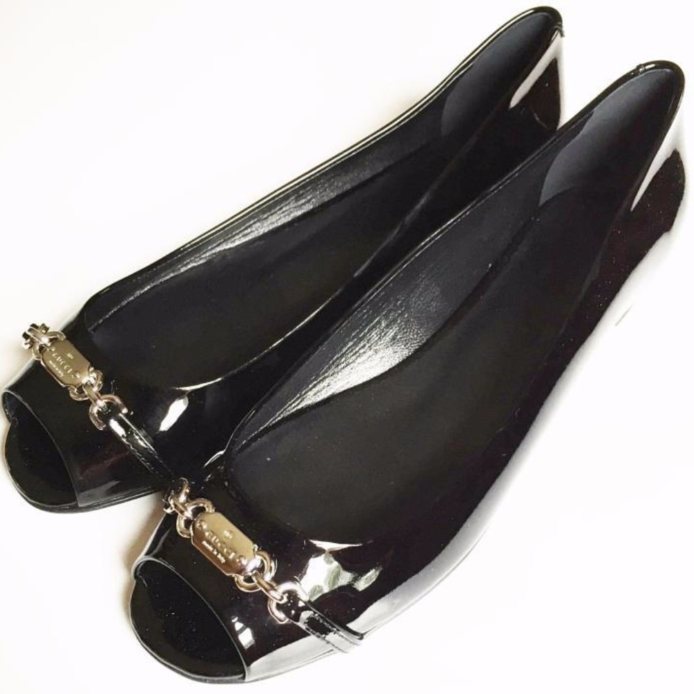 Gucci Open Toe Ballet Patent Leather Sandals Flats