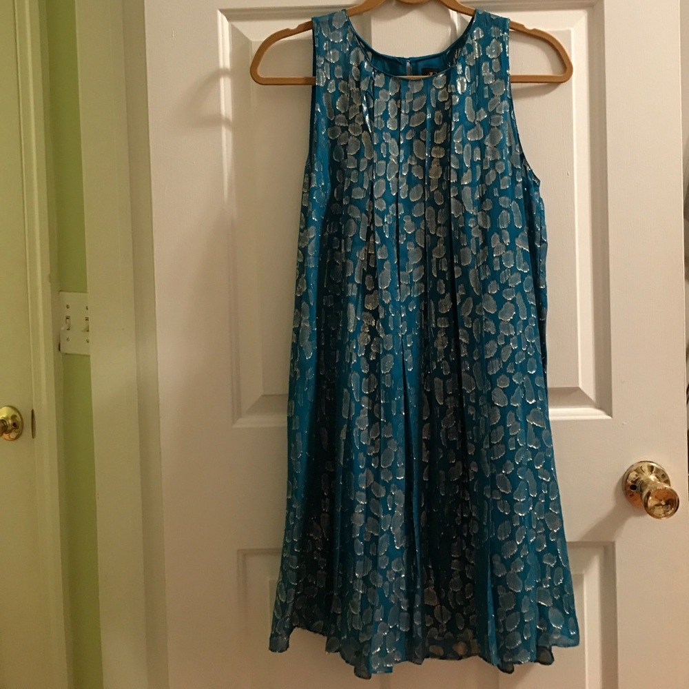 Anthro teal sleeveless a-line metallic dress