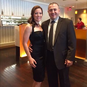 Black satin Bebe cocktail dress